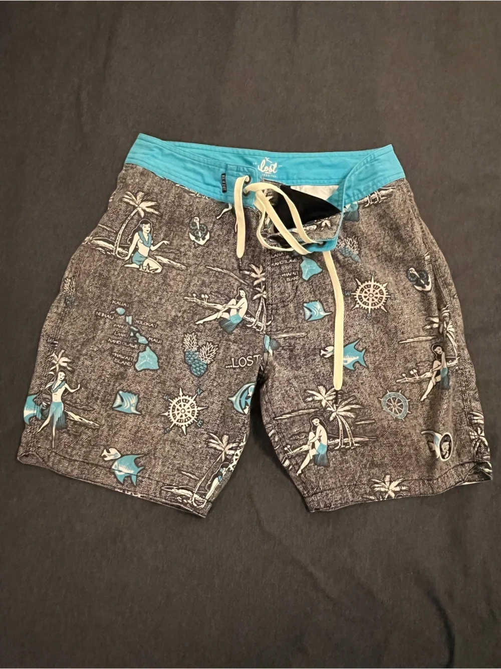 Lost Men’s Board Shorts in Teal and Grey with Tropical Print